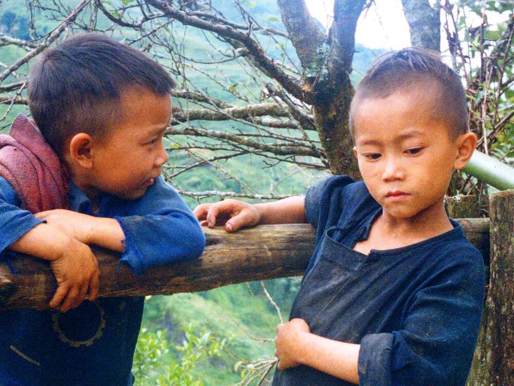 Hai em nhỏ người H'Mông tựa vào thanh gỗ bên sườn núi ở Sa Pa